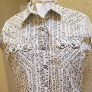 Panhandle Slim, Cream  flower print, sleeveless, western turquoise snaps Size XL